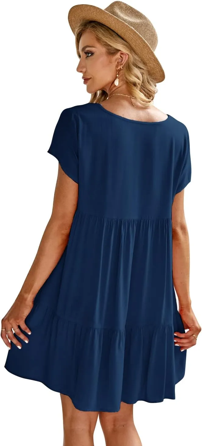 Fangetey Women's V-Neck Tunic Dresses Short Sleeve Button Down Loose Casual Summer Short Flowy Swing Dress