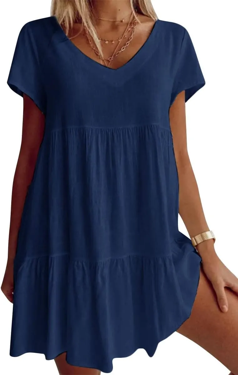 Fangetey Women's V-Neck Tunic Dresses Short Sleeve Button Down Loose Casual Summer Short Flowy Swing Dress
