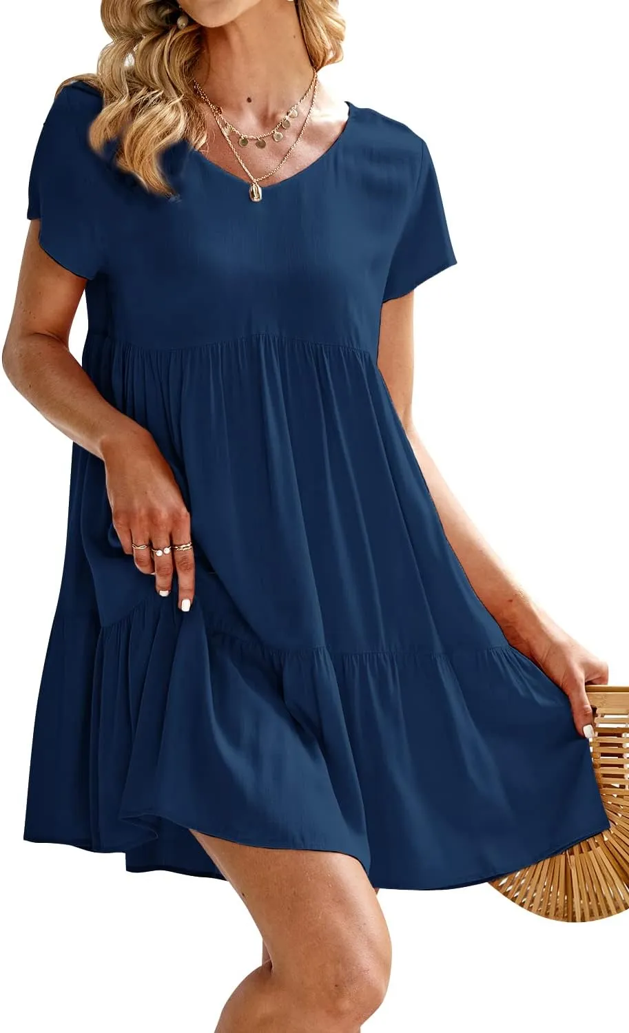 Fangetey Women's V-Neck Tunic Dresses Short Sleeve Button Down Loose Casual Summer Short Flowy Swing Dress