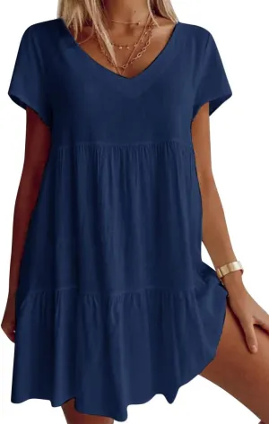 Fangetey Women's V-Neck Tunic Dresses Short Sleeve Button Down Loose Casual Summer Short Flowy Swing Dress