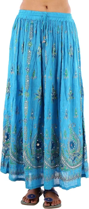 Fashiana Women's Long Skirt Hand Beaded Painted Elastic Sequins Maxi Turquoise
