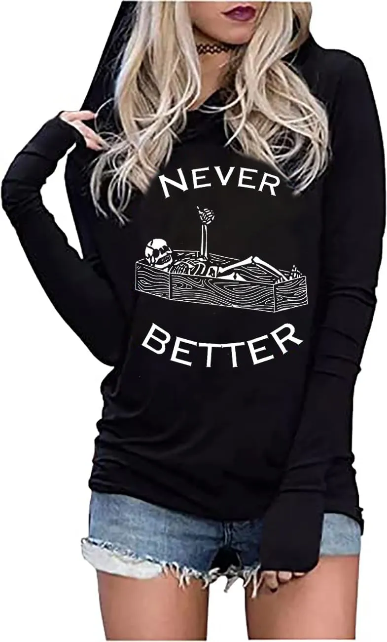 FCHICH Skull Hoodie Tshirt Women Vintage Gothic Graphic Tees Halloween Hoodies Casual Fall Long Sleeve Pullover Tops