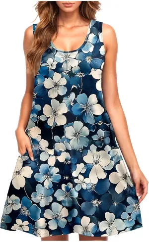 Finelylove Summer Dresses for Women 2025 Loose Sleeveless Floral Beach Vacation Sundress Mini Tank Dress Spring Outfits 2025