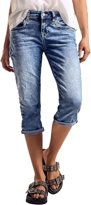 Flamingals High Rise Capri Jeans for Women Roll Hem Straight Leg Jeans Wash Distressed 90s Trendy Denim Capris