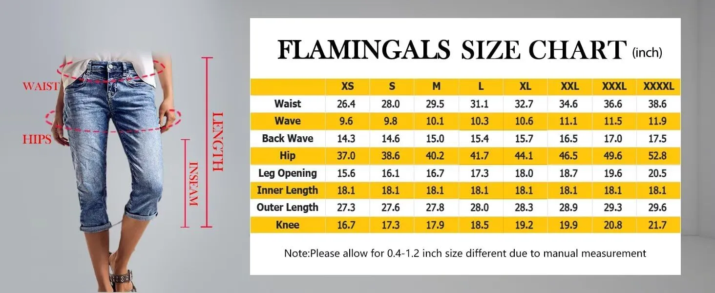 Flamingals High Rise Capri Jeans for Women Roll Hem Straight Leg Jeans Wash Distressed 90s Trendy Denim Capris