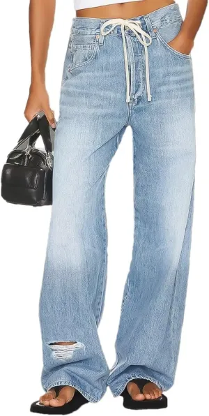 Flamingals Wide Leg Low Rise Casual Drawstring Cut Out Denim Jeans with Pockets