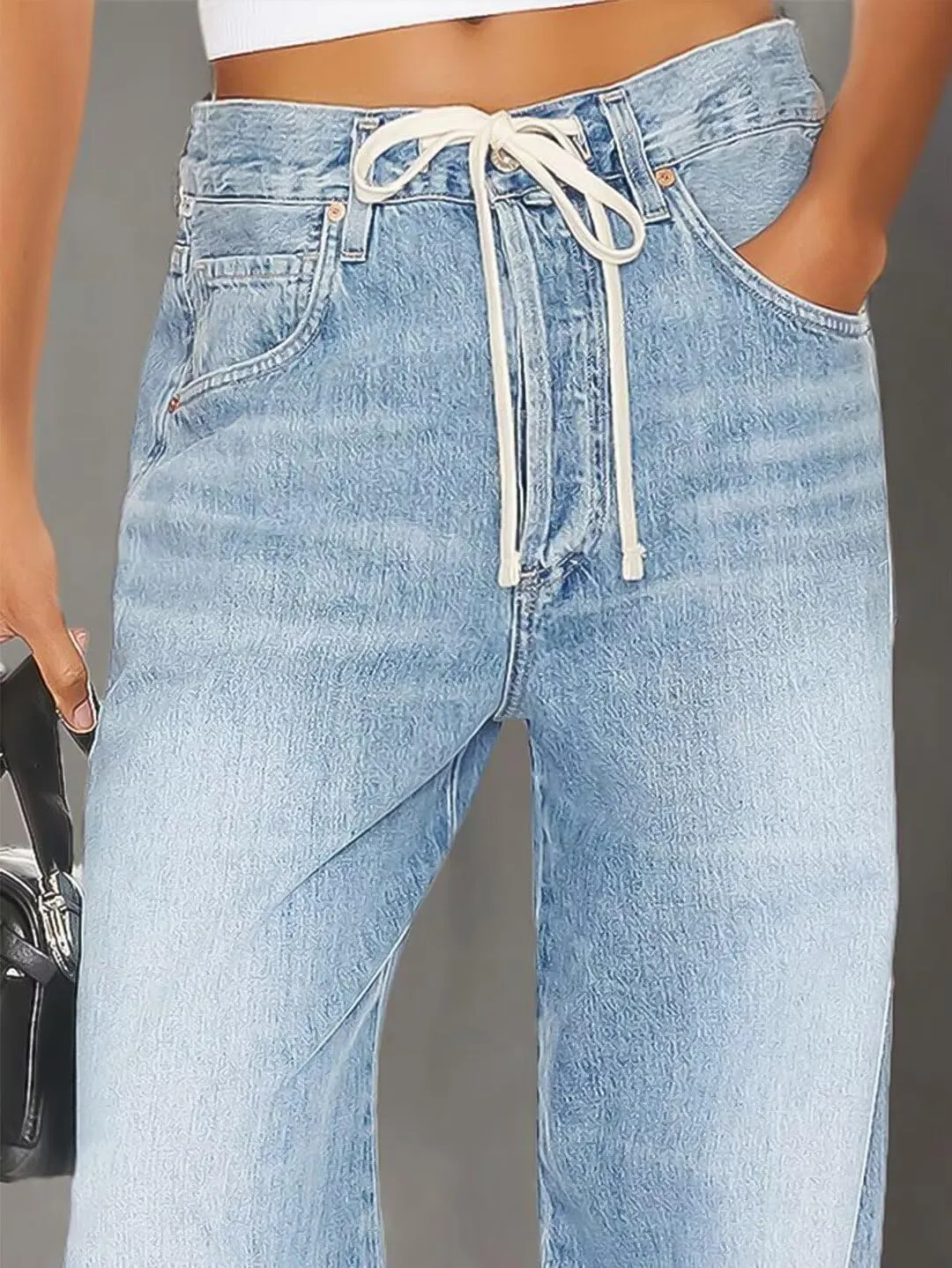 Flamingals Wide Leg Low Rise Casual Drawstring Cut Out Denim Jeans with Pockets