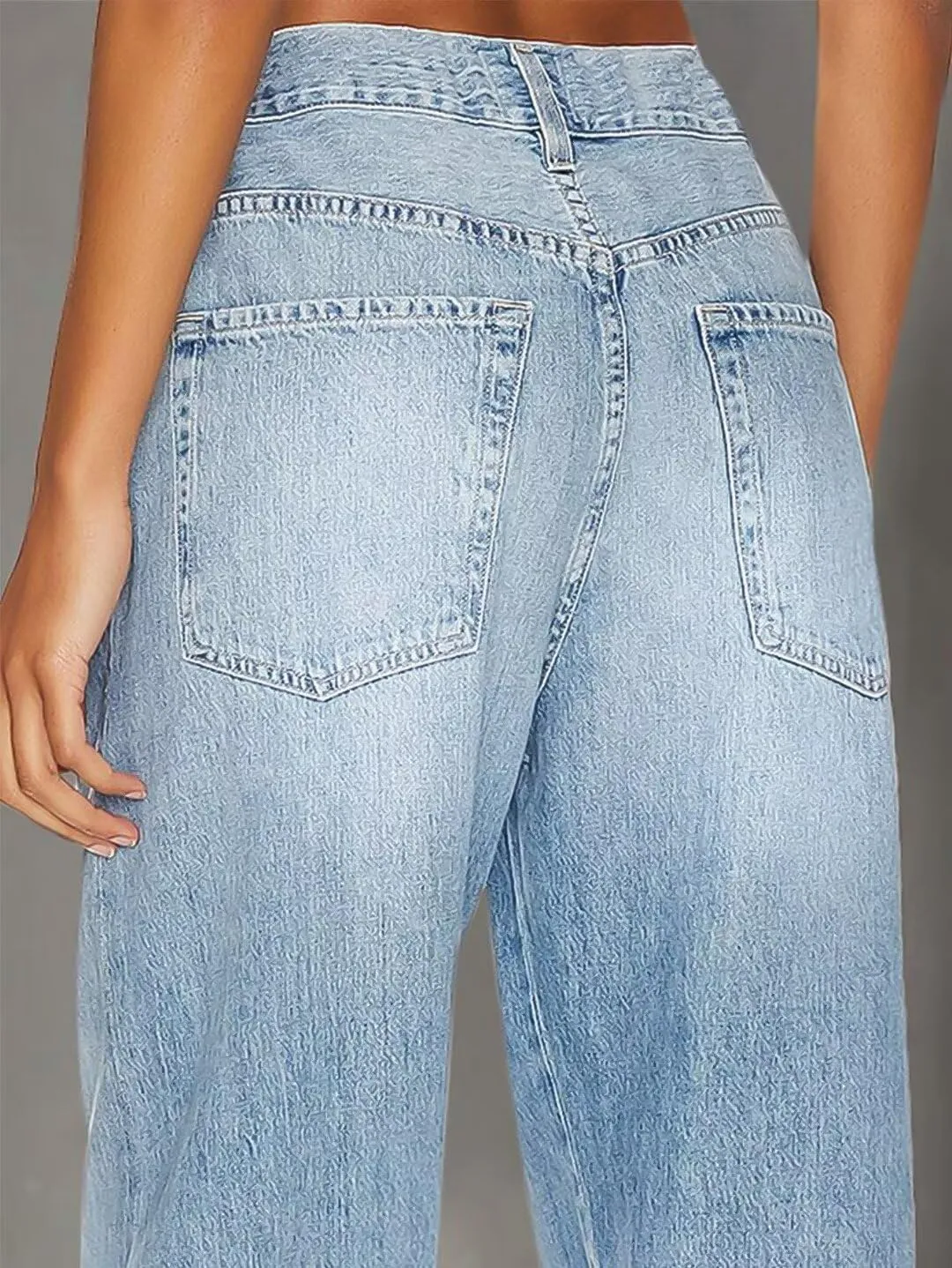 Flamingals Wide Leg Low Rise Casual Drawstring Cut Out Denim Jeans with Pockets