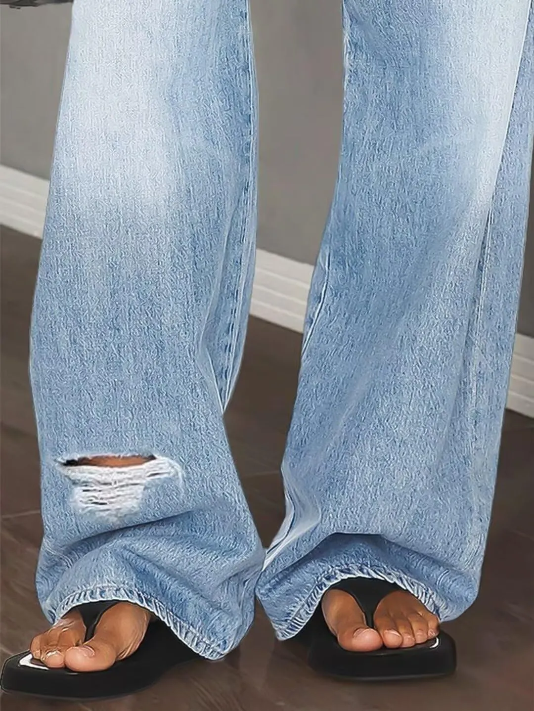 Flamingals Wide Leg Low Rise Casual Drawstring Cut Out Denim Jeans with Pockets