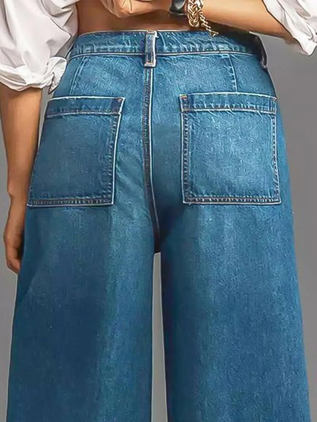Flamingals Wide Straight Leg Mid Rise Baggy Flap Pocket Raw Hem Denim Jeans