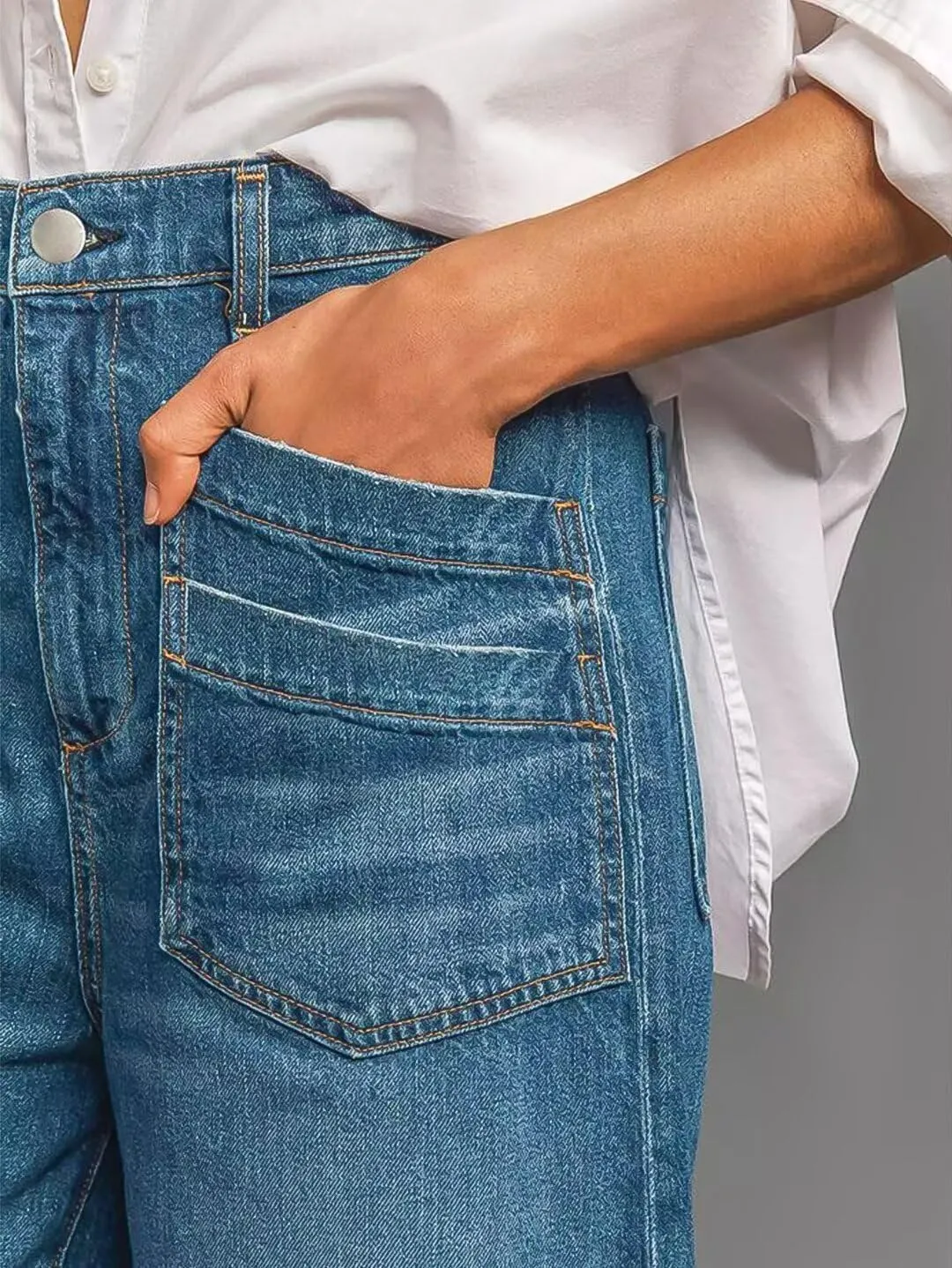 Flamingals Wide Straight Leg Mid Rise Baggy Flap Pocket Raw Hem Denim Jeans