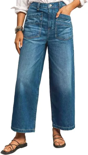 Flamingals Wide Straight Leg Mid Rise Baggy Flap Pocket Raw Hem Denim Jeans