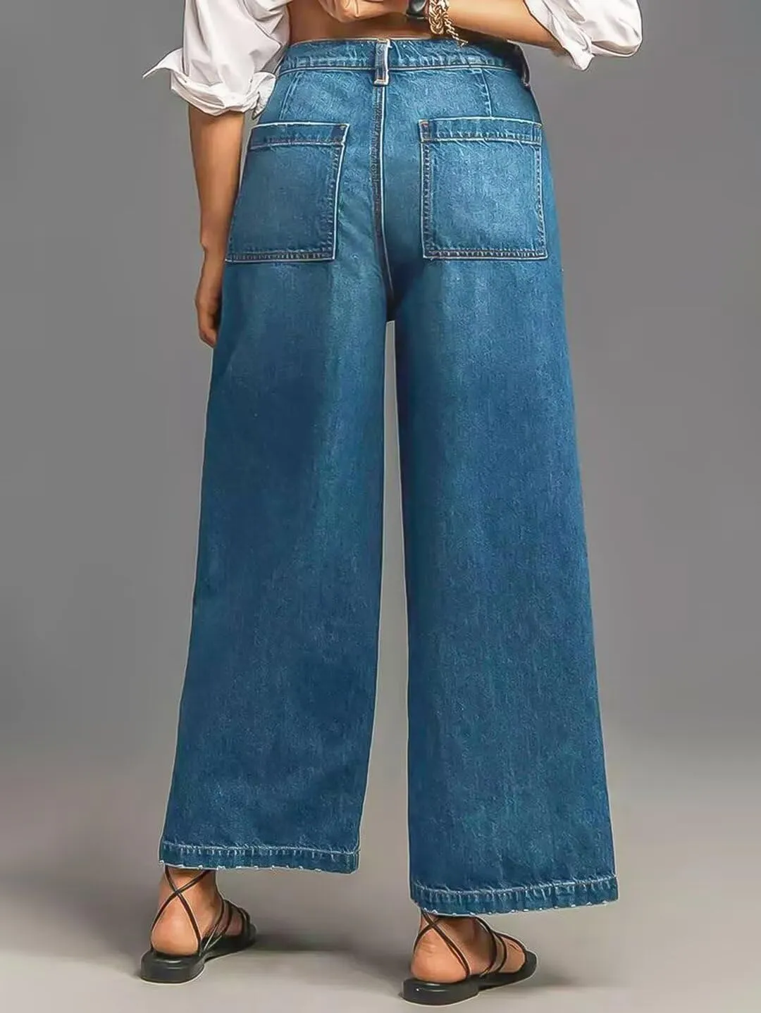 Flamingals Wide Straight Leg Mid Rise Baggy Flap Pocket Raw Hem Denim Jeans
