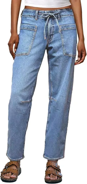 Flamingals Womens Chic Stylish Mid Waist Wash Drawstring Stitch Detail Carrot Jeans