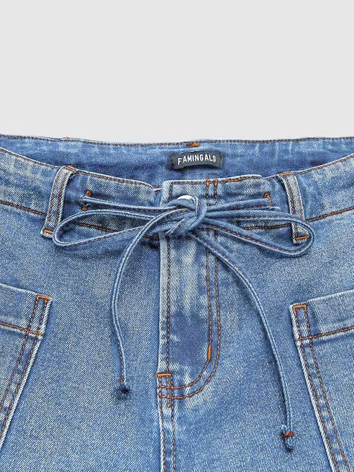 Flamingals Womens Chic Stylish Mid Waist Wash Drawstring Stitch Detail Carrot Jeans