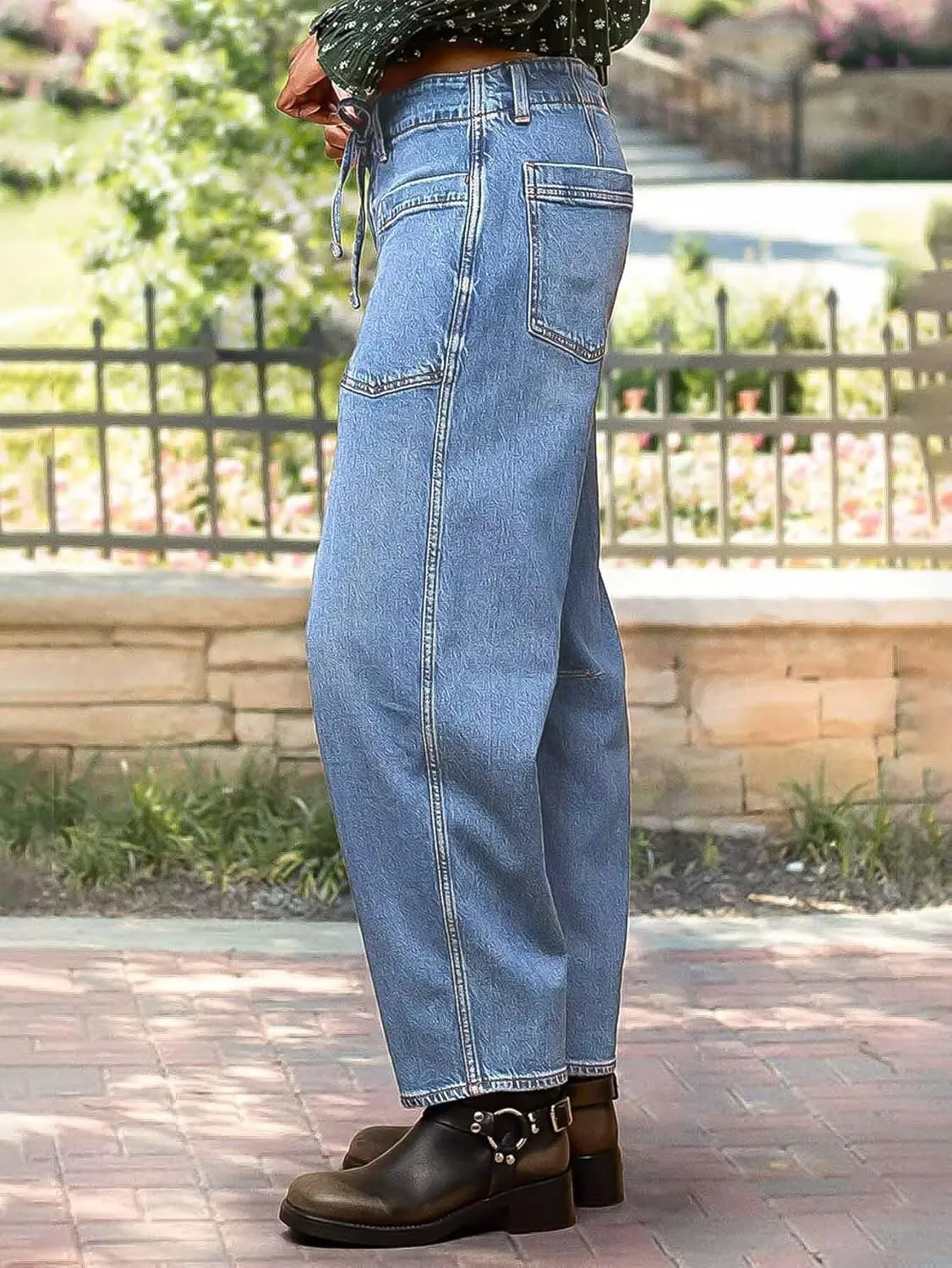 Flamingals Womens Chic Stylish Mid Waist Wash Drawstring Stitch Detail Carrot Jeans