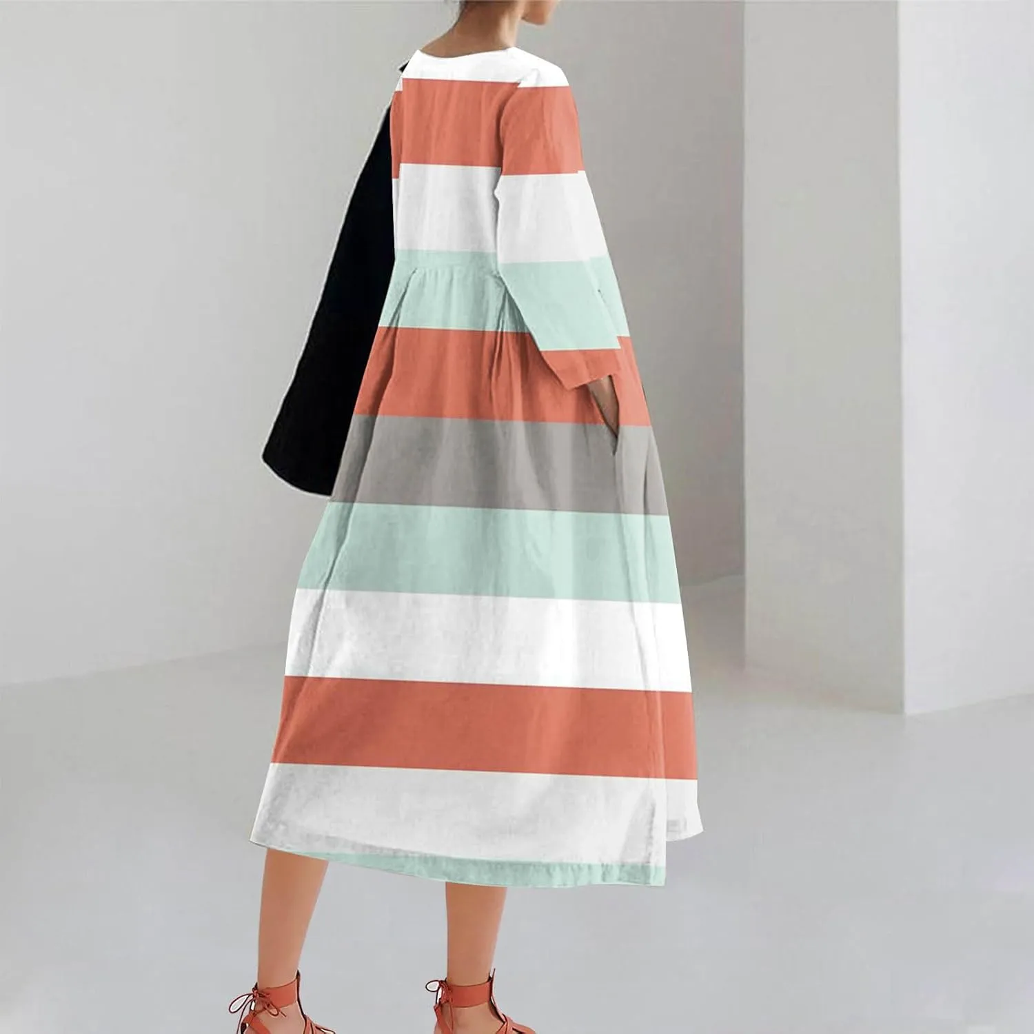 Flattering Dresses to Hide Tummy 2024 Fall Trendy Contrast Color Long Sleeve Midi Dress Flowy Casual Dress Plus Size