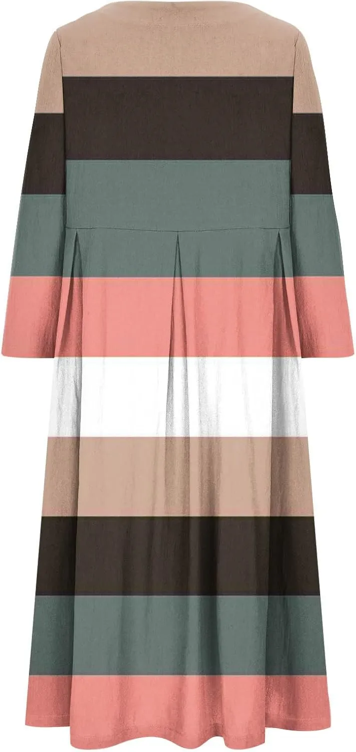 Flattering Dresses to Hide Tummy 2024 Fall Trendy Contrast Color Long Sleeve Midi Dress Flowy Casual Dress Plus Size
