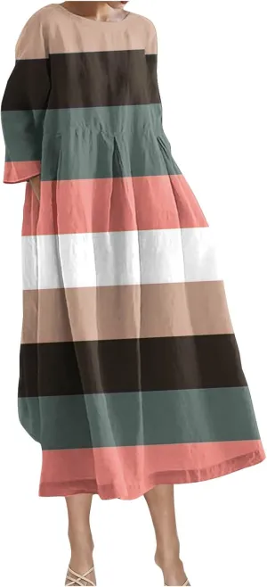 Flattering Dresses to Hide Tummy 2024 Fall Trendy Contrast Color Long Sleeve Midi Dress Flowy Casual Dress Plus Size