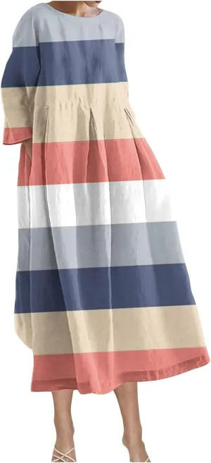 Flattering Dresses to Hide Tummy 2024 Fall Trendy Contrast Color Long Sleeve Midi Dress Flowy Casual Dress Plus Size