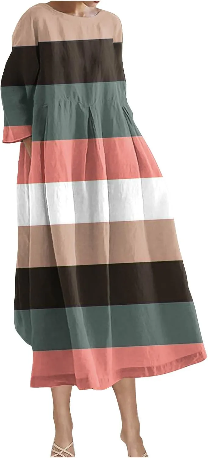 Flattering Dresses to Hide Tummy 2024 Fall Trendy Contrast Color Long Sleeve Midi Dress Flowy Casual Dress Plus Size