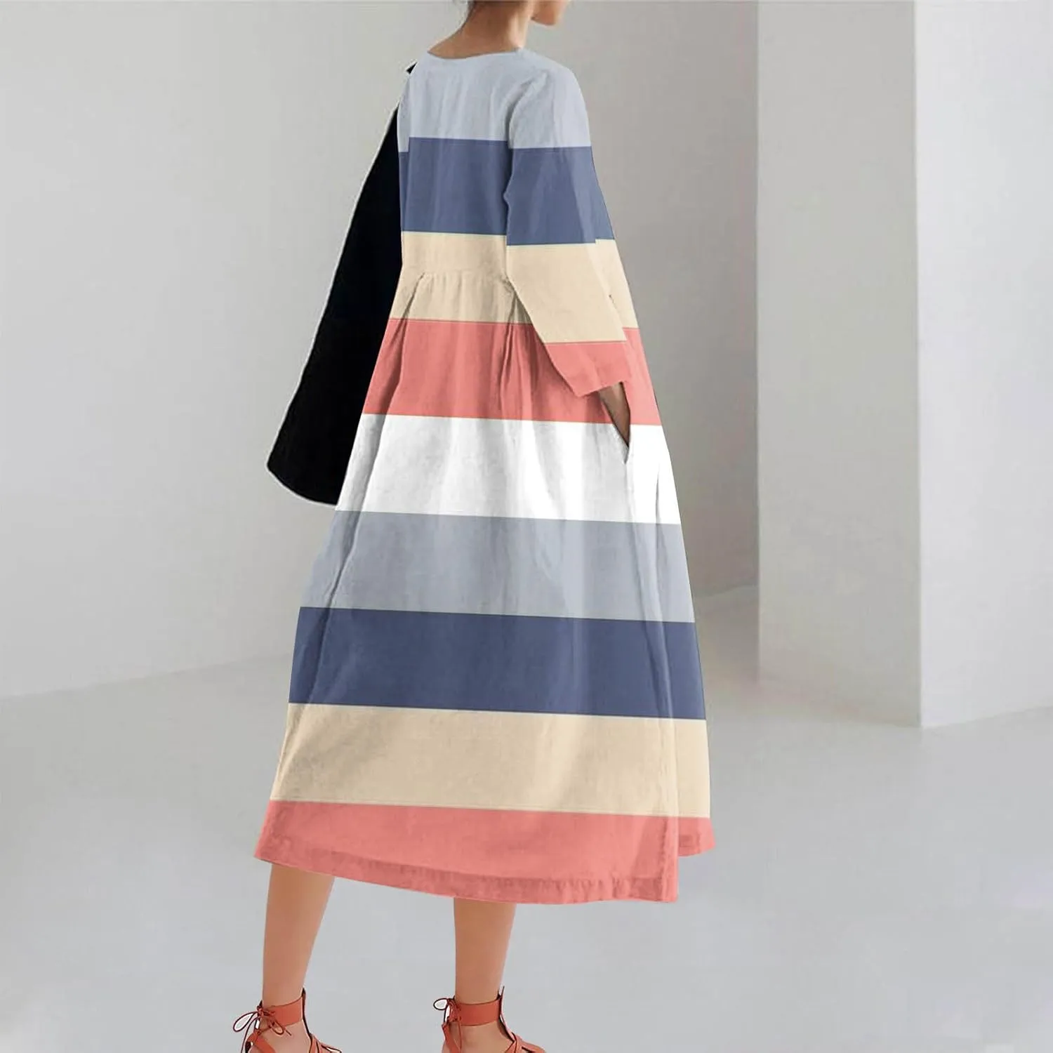 Flattering Dresses to Hide Tummy 2024 Fall Trendy Contrast Color Long Sleeve Midi Dress Flowy Casual Dress Plus Size