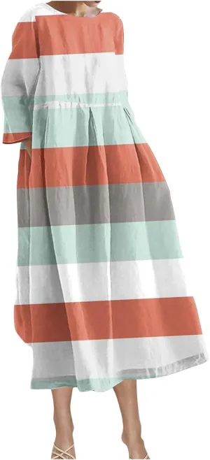 Flattering Dresses to Hide Tummy 2024 Fall Trendy Contrast Color Long Sleeve Midi Dress Flowy Casual Dress Plus Size