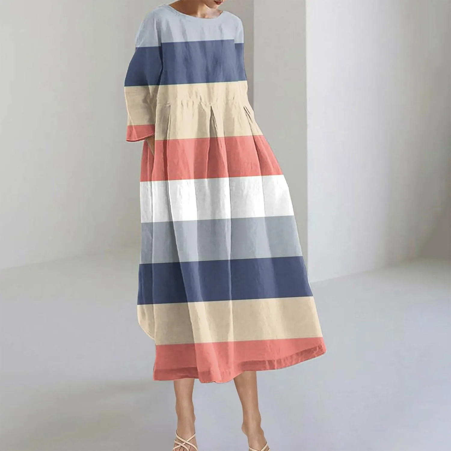 Flattering Dresses to Hide Tummy 2024 Fall Trendy Contrast Color Long Sleeve Midi Dress Flowy Casual Dress Plus Size