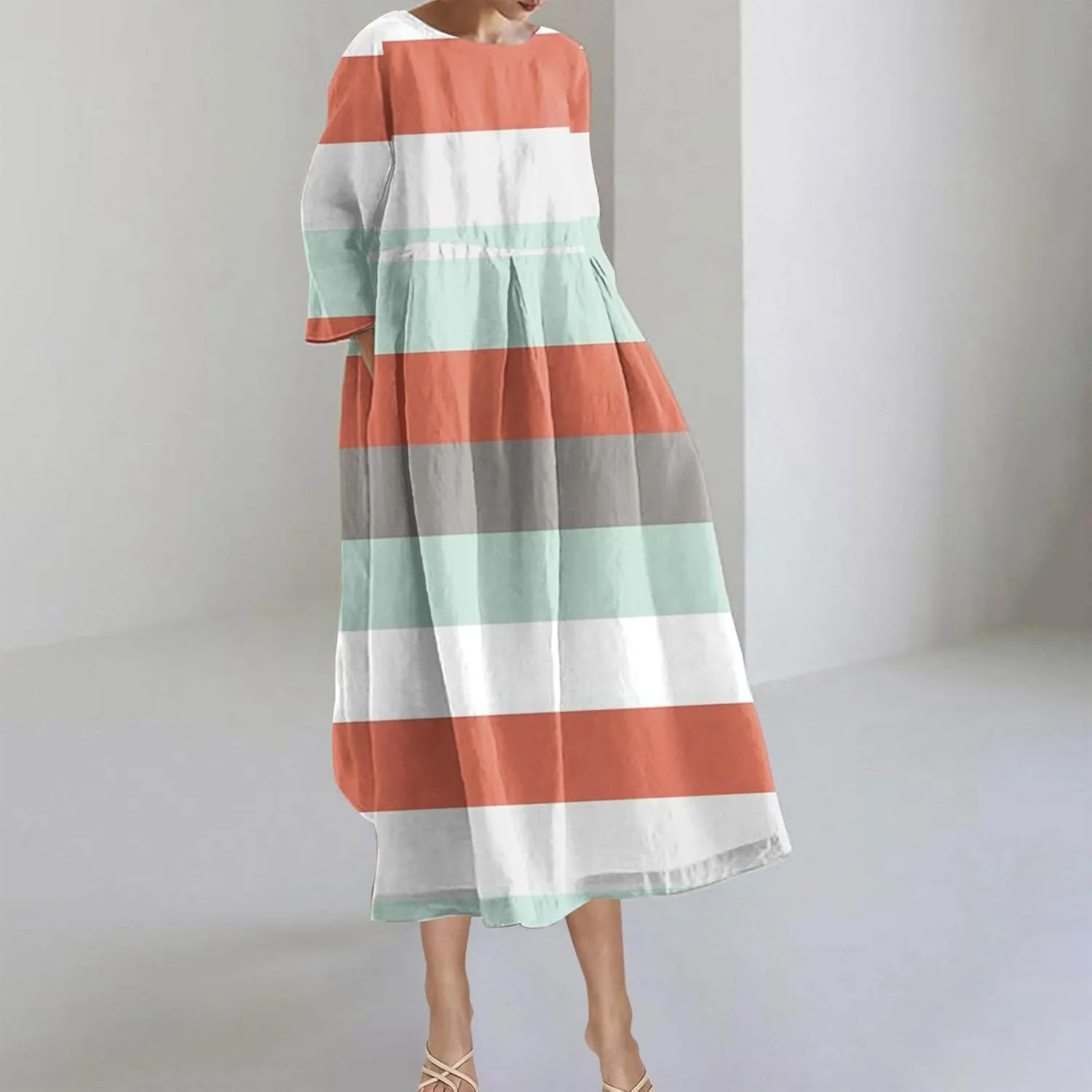 Flattering Dresses to Hide Tummy 2024 Fall Trendy Contrast Color Long Sleeve Midi Dress Flowy Casual Dress Plus Size