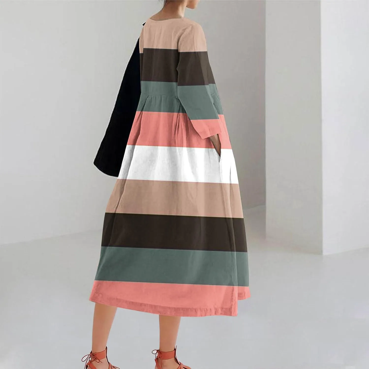 Flattering Dresses to Hide Tummy 2024 Fall Trendy Contrast Color Long Sleeve Midi Dress Flowy Casual Dress Plus Size