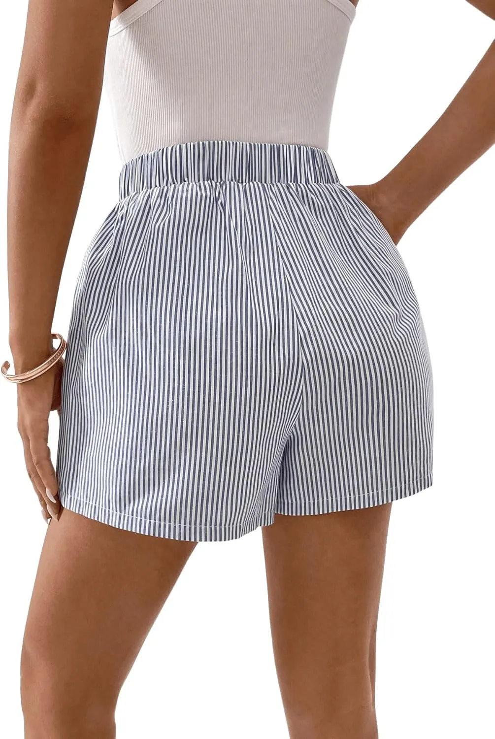 Floerns Women's Striped Print Elastic High Waist Wide Leg Casual Shorts