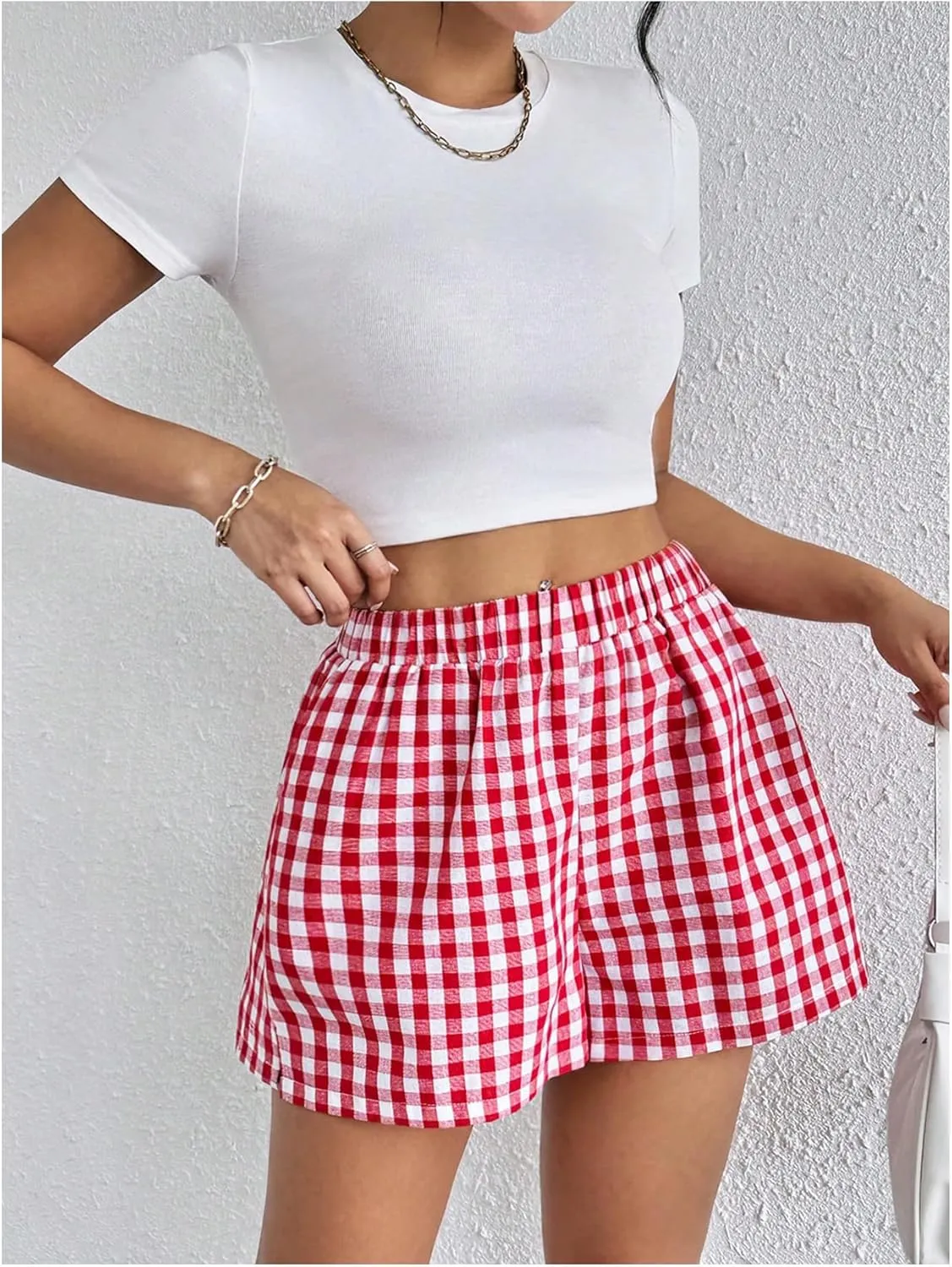 Floerns Women's Striped Print Elastic High Waist Wide Leg Casual Shorts