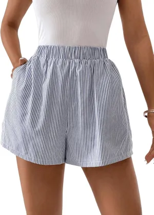 Floerns Women's Striped Print Elastic High Waist Wide Leg Casual Shorts