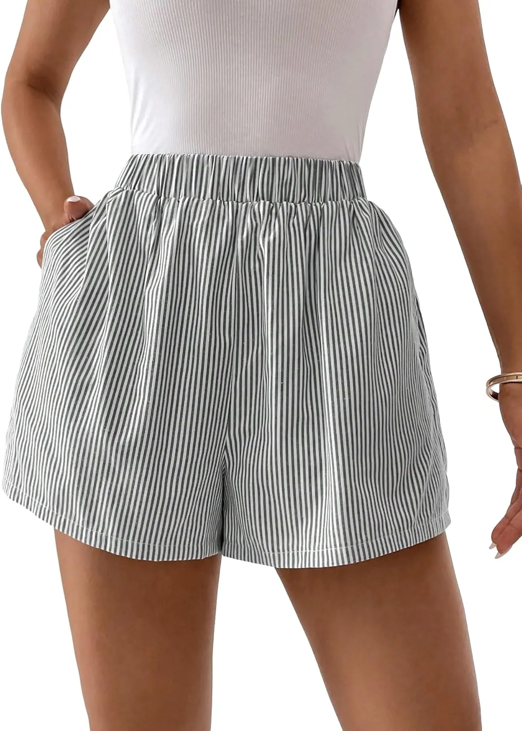 Floerns Women's Striped Print Elastic High Waist Wide Leg Casual Shorts