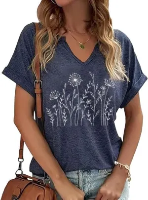 Floral Shirts for Women Wildflowers Dandelion V Neck Cottagecore Graphic Tops Casual Graphic Summer Boho Tees