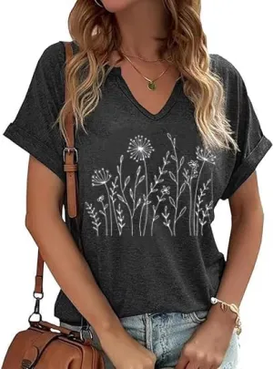 Floral Shirts for Women Wildflowers Dandelion V Neck Cottagecore Graphic Tops Casual Graphic Summer Boho Tees