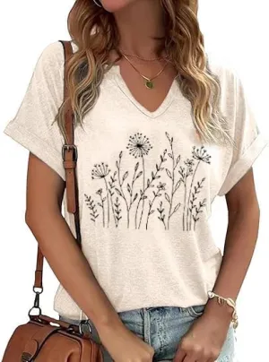 Floral Shirts for Women Wildflowers Dandelion V Neck Cottagecore Graphic Tops Casual Graphic Summer Boho Tees