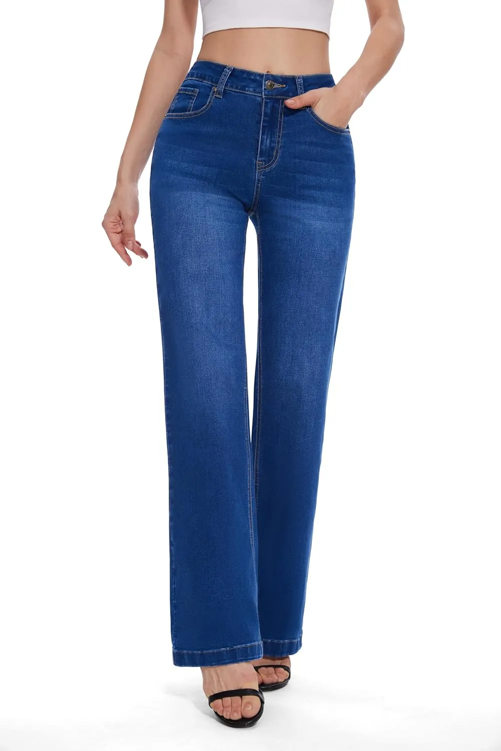 FLYING BANANA Women's High Waisted Wide Leg Baggy Stretch Denim Jeans