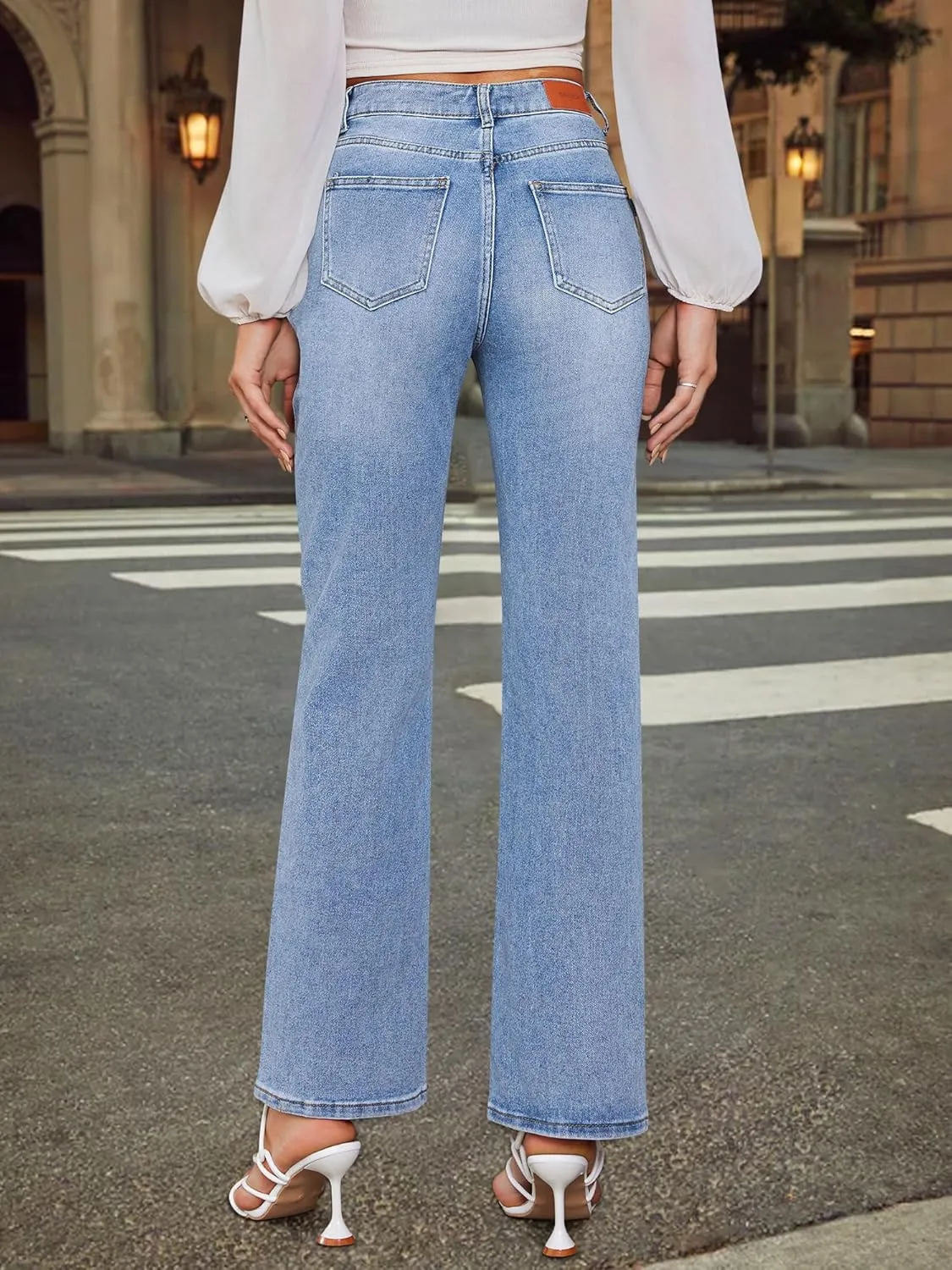 Genleck Women's Blue High Waisted Crossover Jeans - Wide Leg, Stretchable, Casual Denim Pants