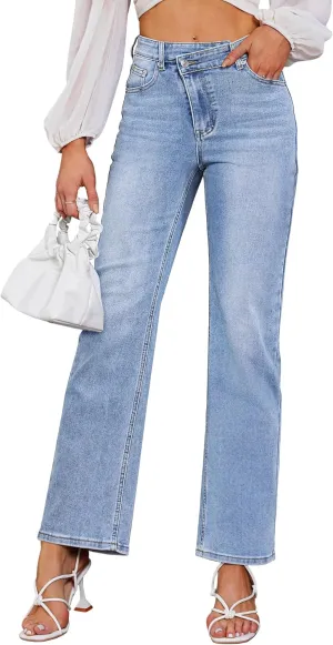 Genleck Women's Blue High Waisted Crossover Jeans - Wide Leg, Stretchable, Casual Denim Pants