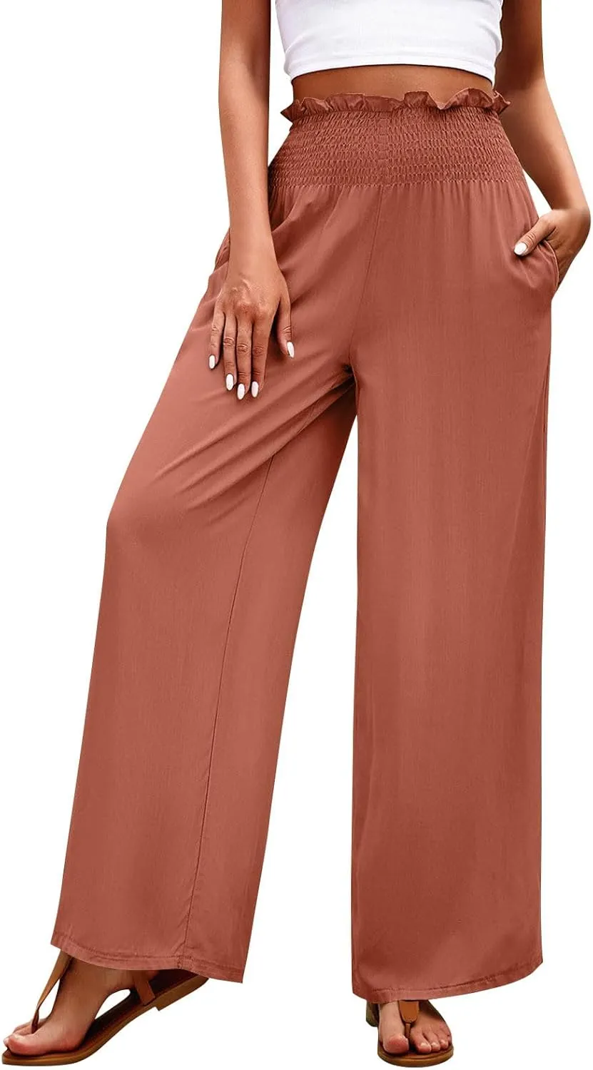 GOFULY Cotton Linen Pants for Women Wide Leg Trendy High Rise Pants Elastic Waist 2025 Summer Soft Solid Trouser with Pockets