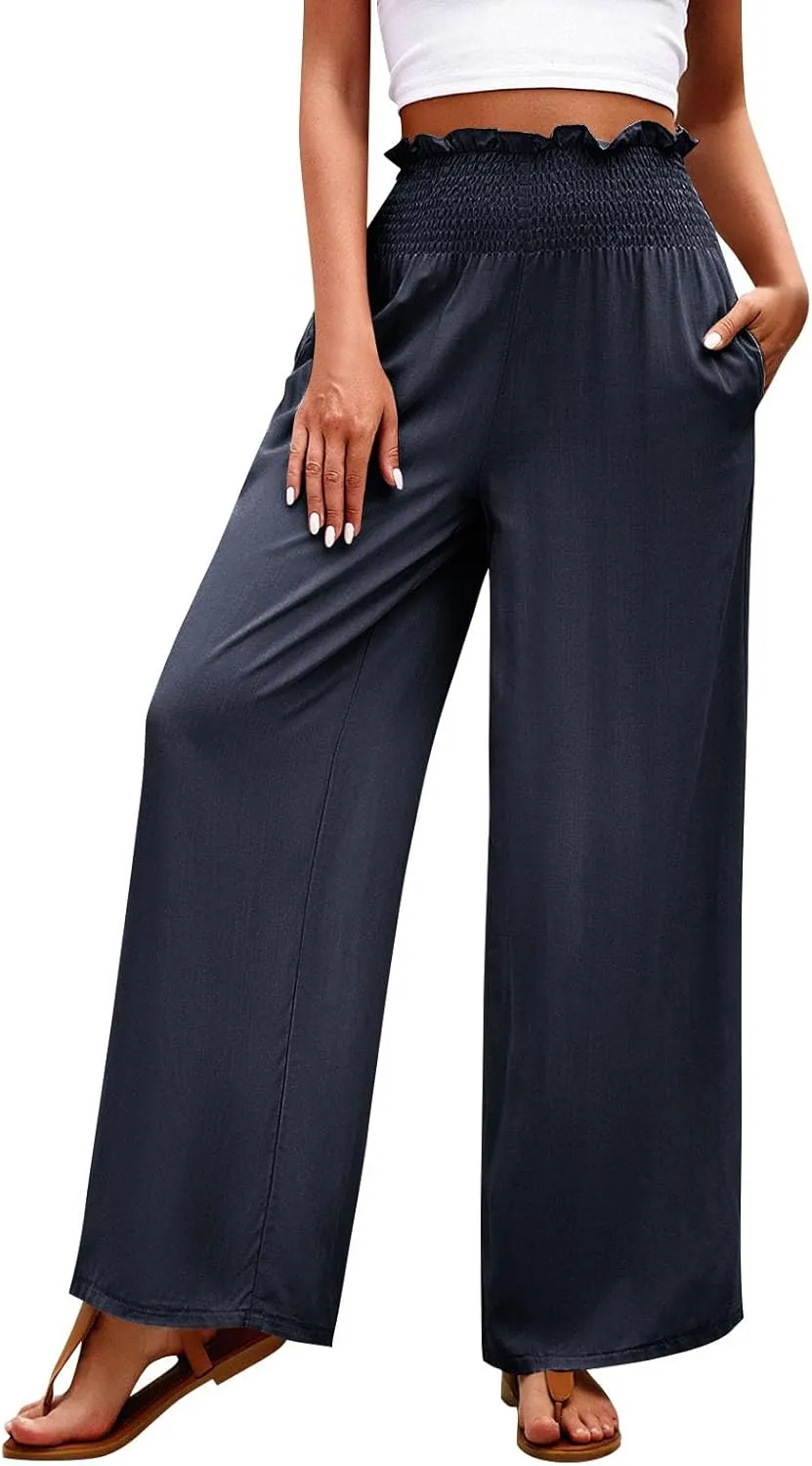 GOFULY Cotton Linen Pants for Women Wide Leg Trendy High Rise Pants Elastic Waist 2025 Summer Soft Solid Trouser with Pockets