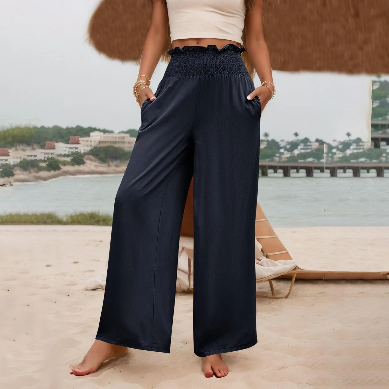 GOFULY Cotton Linen Pants for Women Wide Leg Trendy High Rise Pants Elastic Waist 2025 Summer Soft Solid Trouser with Pockets