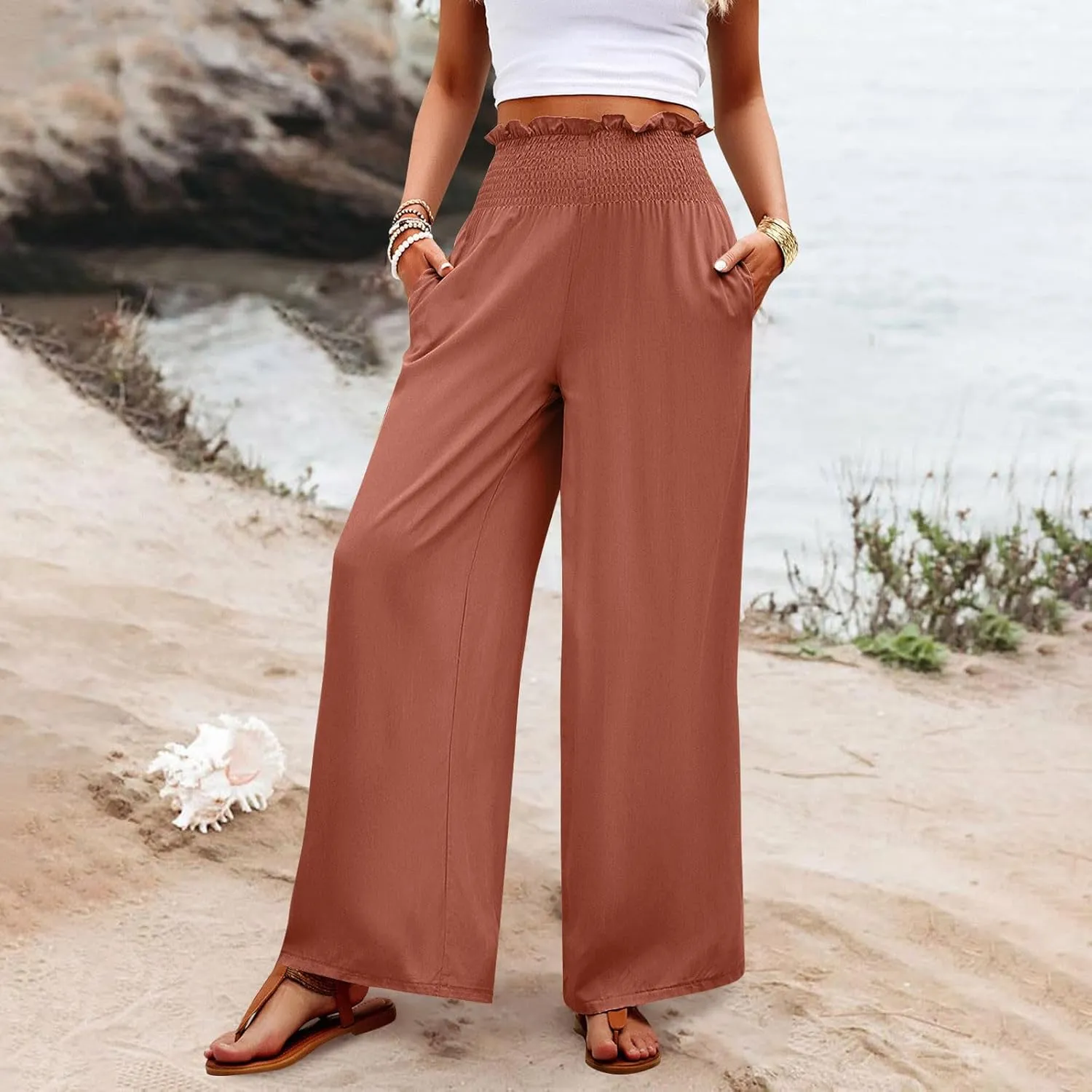 GOFULY Cotton Linen Pants for Women Wide Leg Trendy High Rise Pants Elastic Waist 2025 Summer Soft Solid Trouser with Pockets