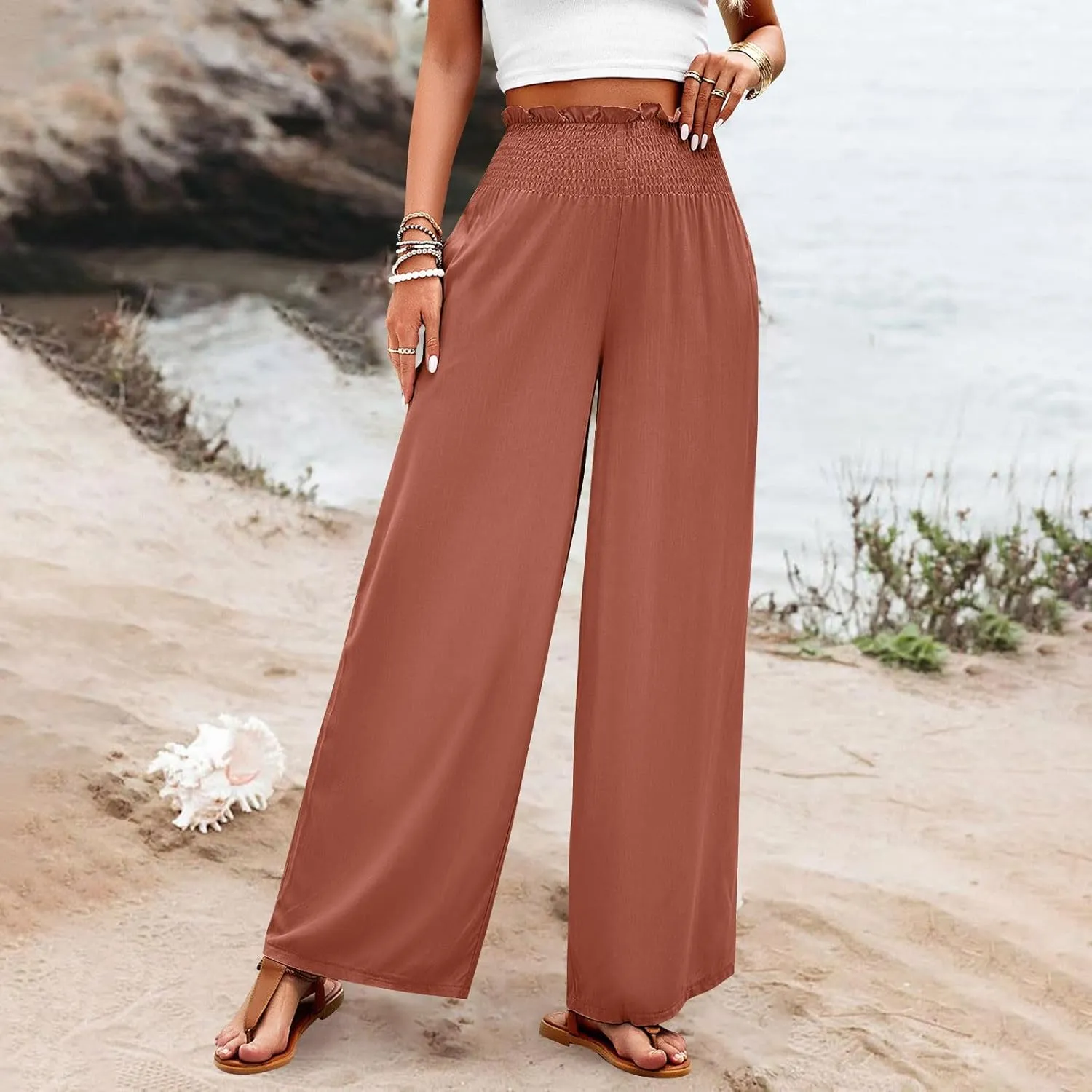 GOFULY Cotton Linen Pants for Women Wide Leg Trendy High Rise Pants Elastic Waist 2025 Summer Soft Solid Trouser with Pockets