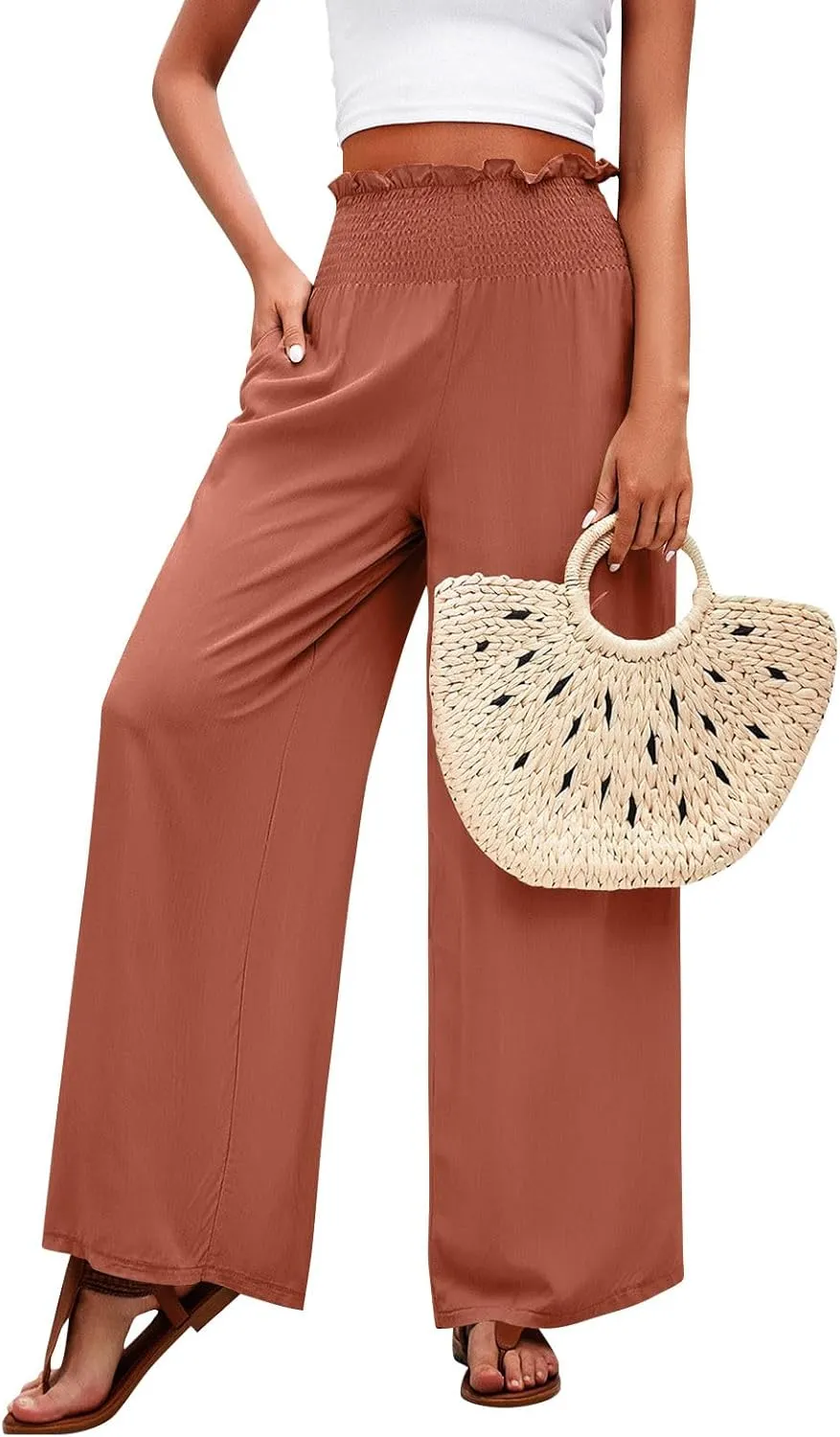 GOFULY Cotton Linen Pants for Women Wide Leg Trendy High Rise Pants Elastic Waist 2025 Summer Soft Solid Trouser with Pockets