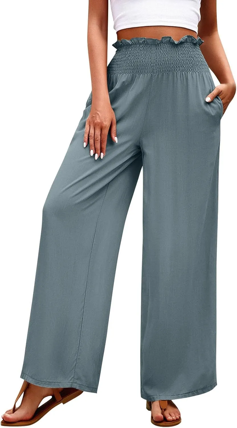 GOFULY Cotton Linen Pants for Women Wide Leg Trendy High Rise Pants Elastic Waist 2025 Summer Soft Solid Trouser with Pockets
