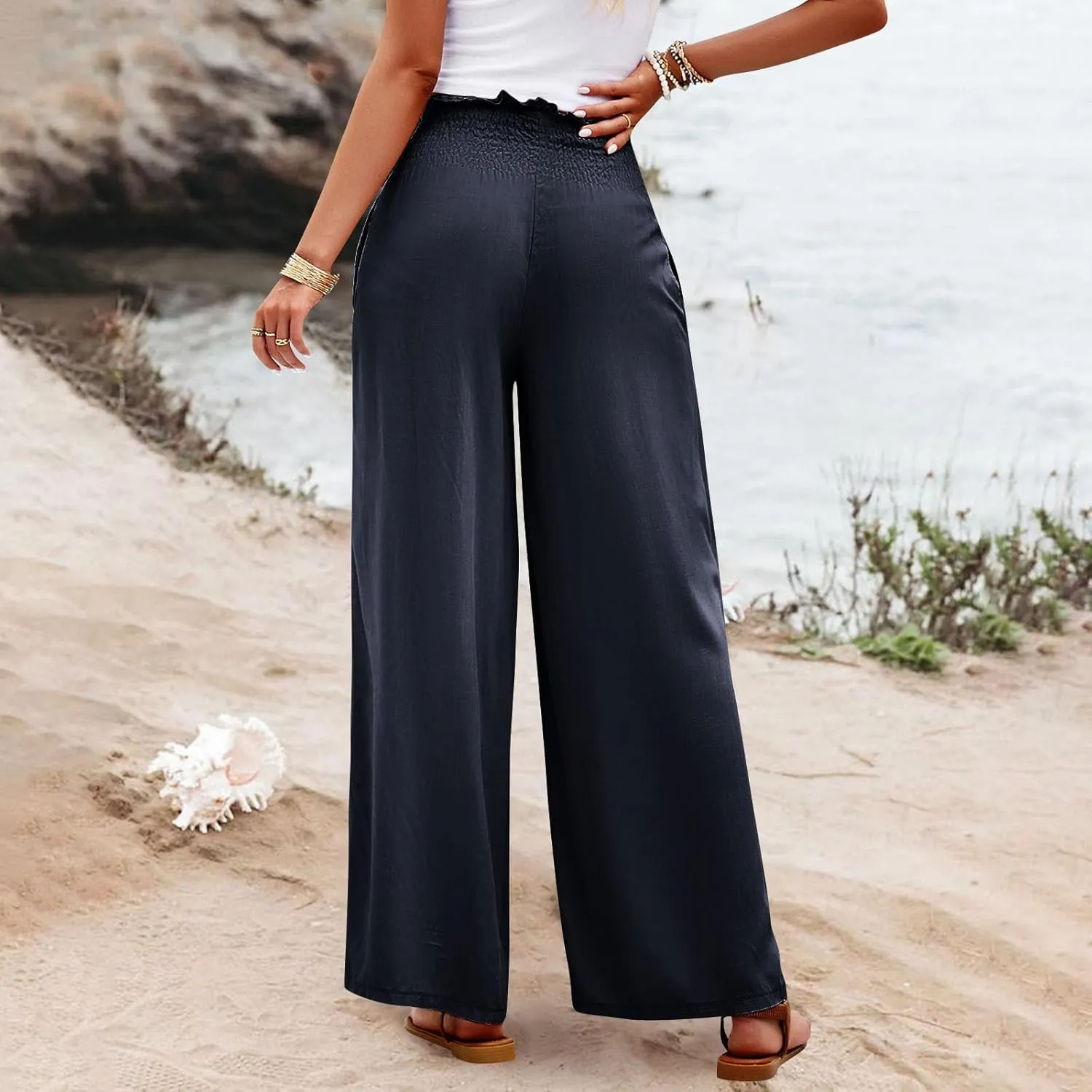 GOFULY Cotton Linen Pants for Women Wide Leg Trendy High Rise Pants Elastic Waist 2025 Summer Soft Solid Trouser with Pockets