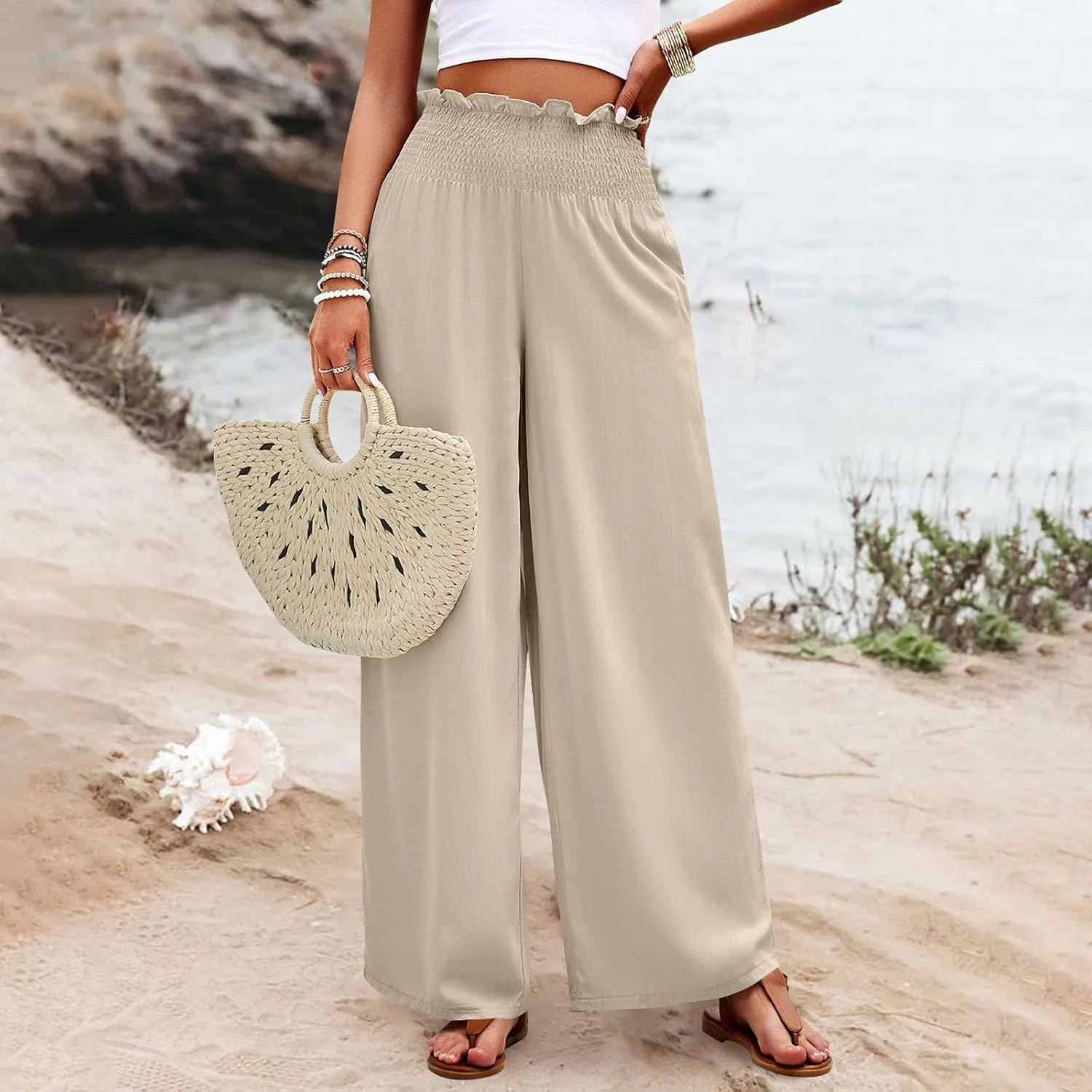 GOFULY Cotton Linen Pants for Women Wide Leg Trendy High Rise Pants Elastic Waist 2025 Summer Soft Solid Trouser with Pockets