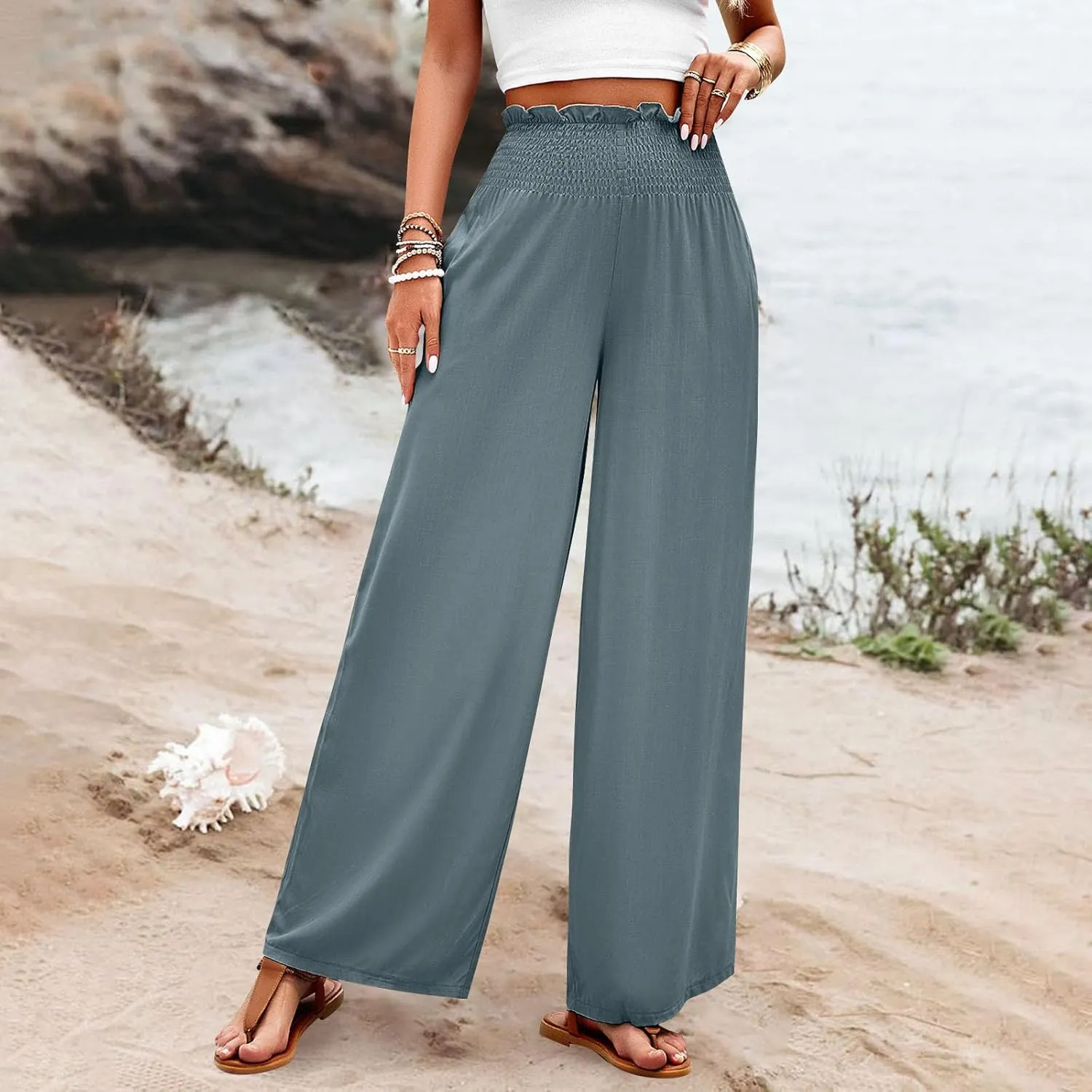 GOFULY Cotton Linen Pants for Women Wide Leg Trendy High Rise Pants Elastic Waist 2025 Summer Soft Solid Trouser with Pockets